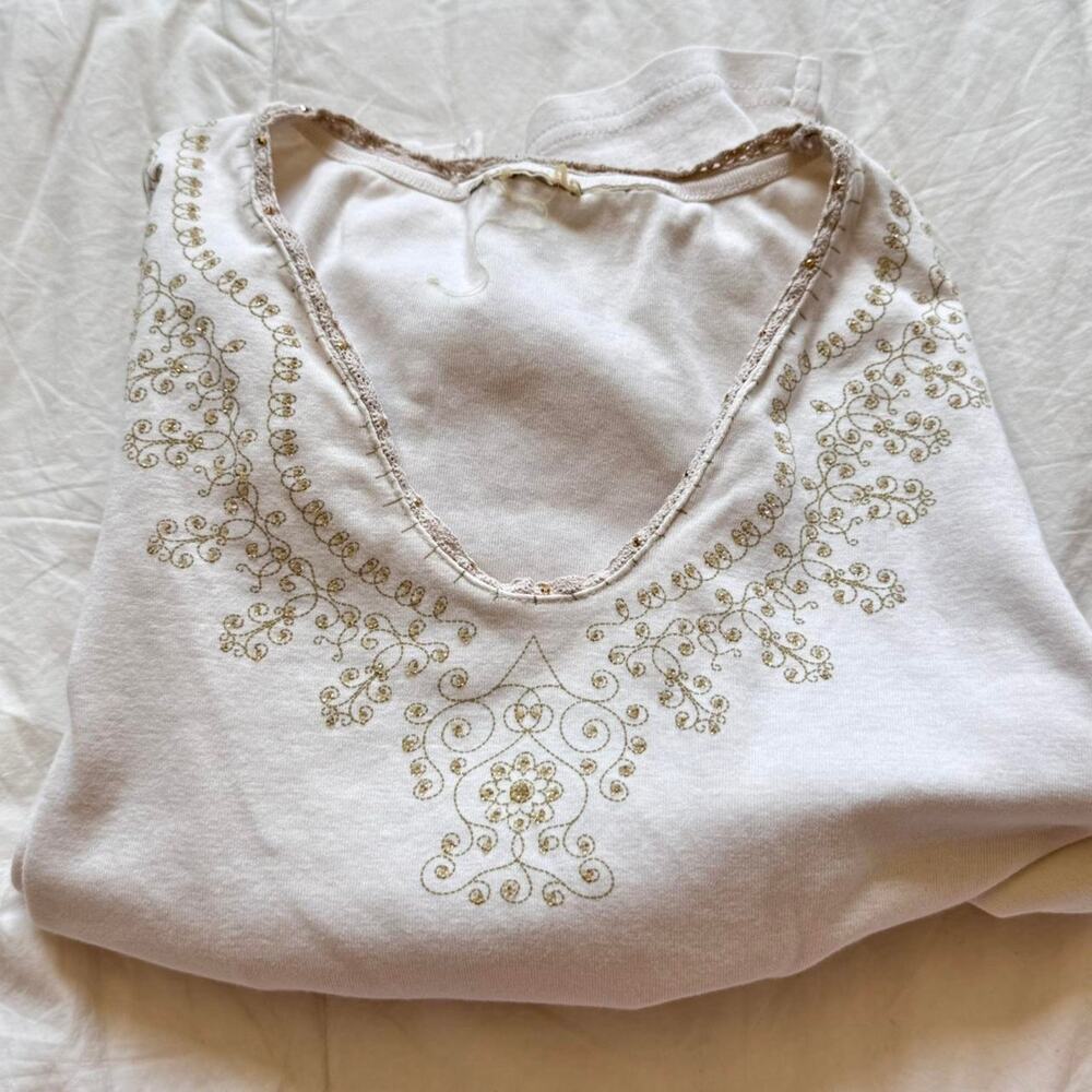 Y2k cream long sleeve‎ top gold detail sz L boho fairy whimsical casual basics